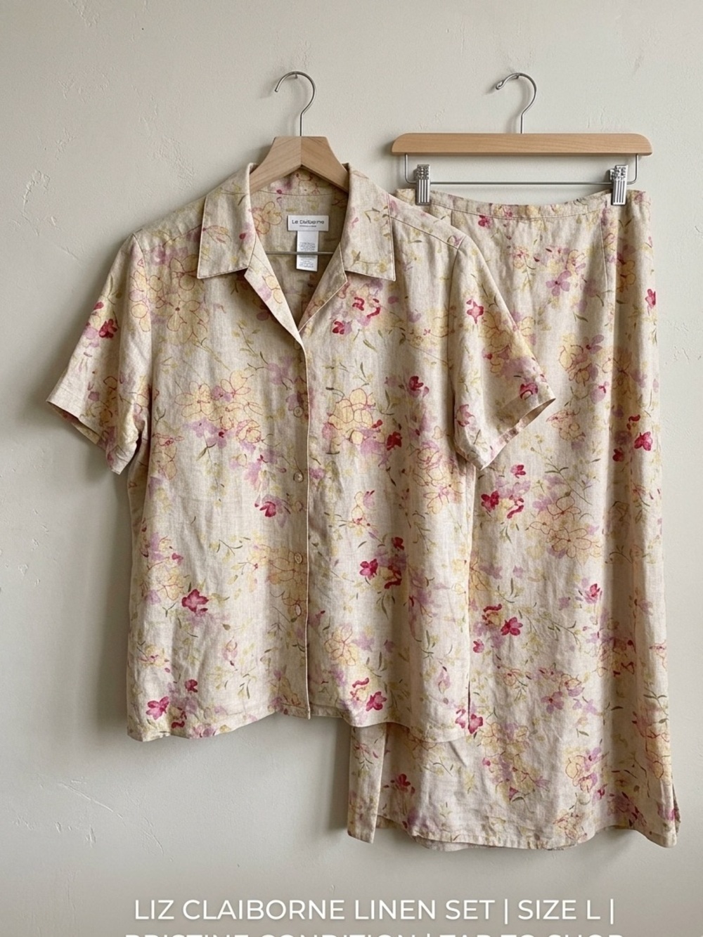 VINTAGE 90s COTTAGECORE LINEN BLEND TWO-PIECE SET maxi skirt floral button down